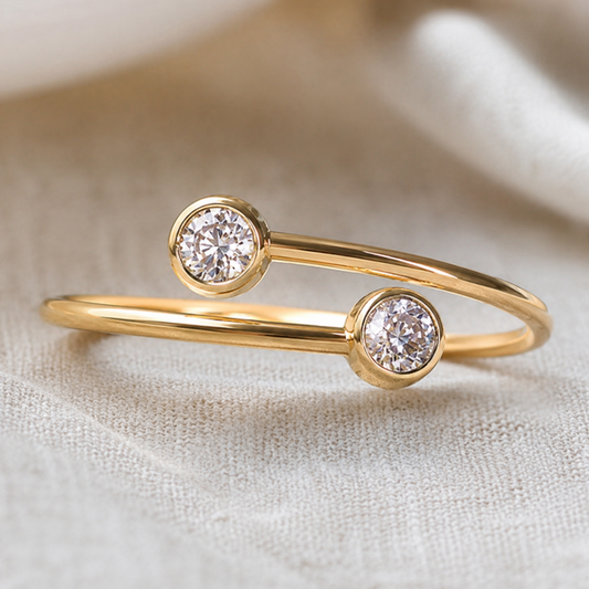 14K/20 Yellow Gold Filled Adjustable Cubic Zirconia Open Ring – Minimalist Double Bezel Set CZ Wrap Ring for Women