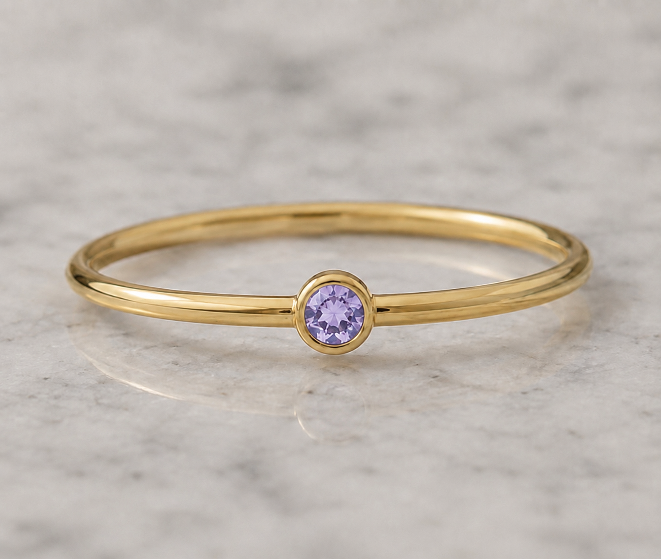 14K Yellow Gold Filled 2mm Lavender Amethyst-Inspired Cubic Zirconia Ring | Water Resistant Stackable Ring | February Birthstone Jewelry