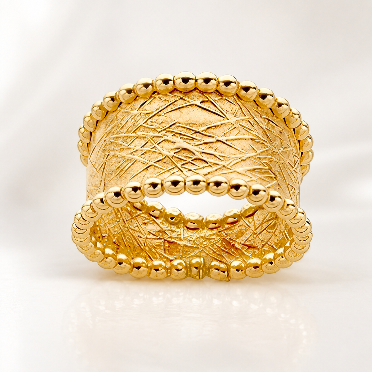 Yellow Gold Filled Textured Beaded Cigar Ring | Wide Tapered Water Resistant Statement Ring | Handmade Stackable Ring