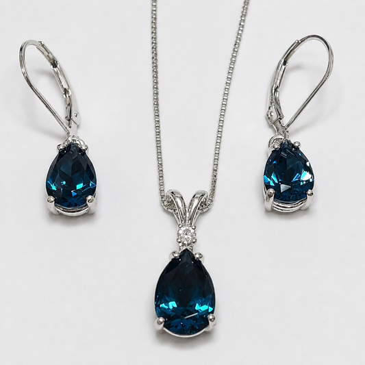 7ctw Pear Cut London Blue Spinel & White Topaz Necklace & Earrings Set