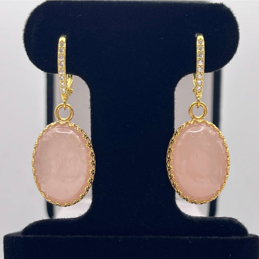 18x13mm Rose Quartz Leverback Earrings | Yellow Gold