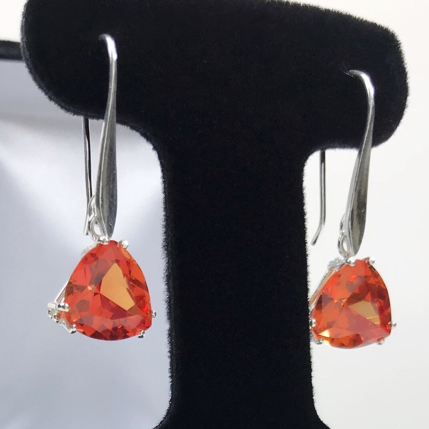 Beautiful 7ctw Trillion Cut Orange Padparadscha Sapphire & Sterling Silver Earrings Fine Jewelry Gift Orange Sapphire Triangle Drop