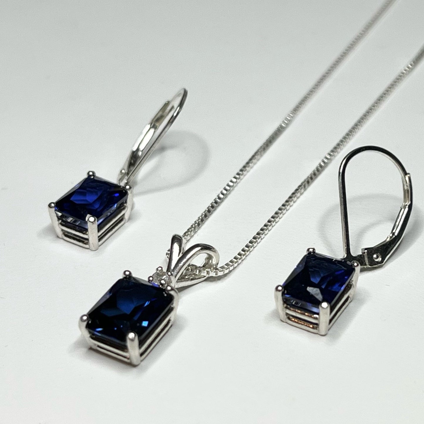 Gorgeous 7ctw Emerald Cut Sapphire Earrings & Necklace Set