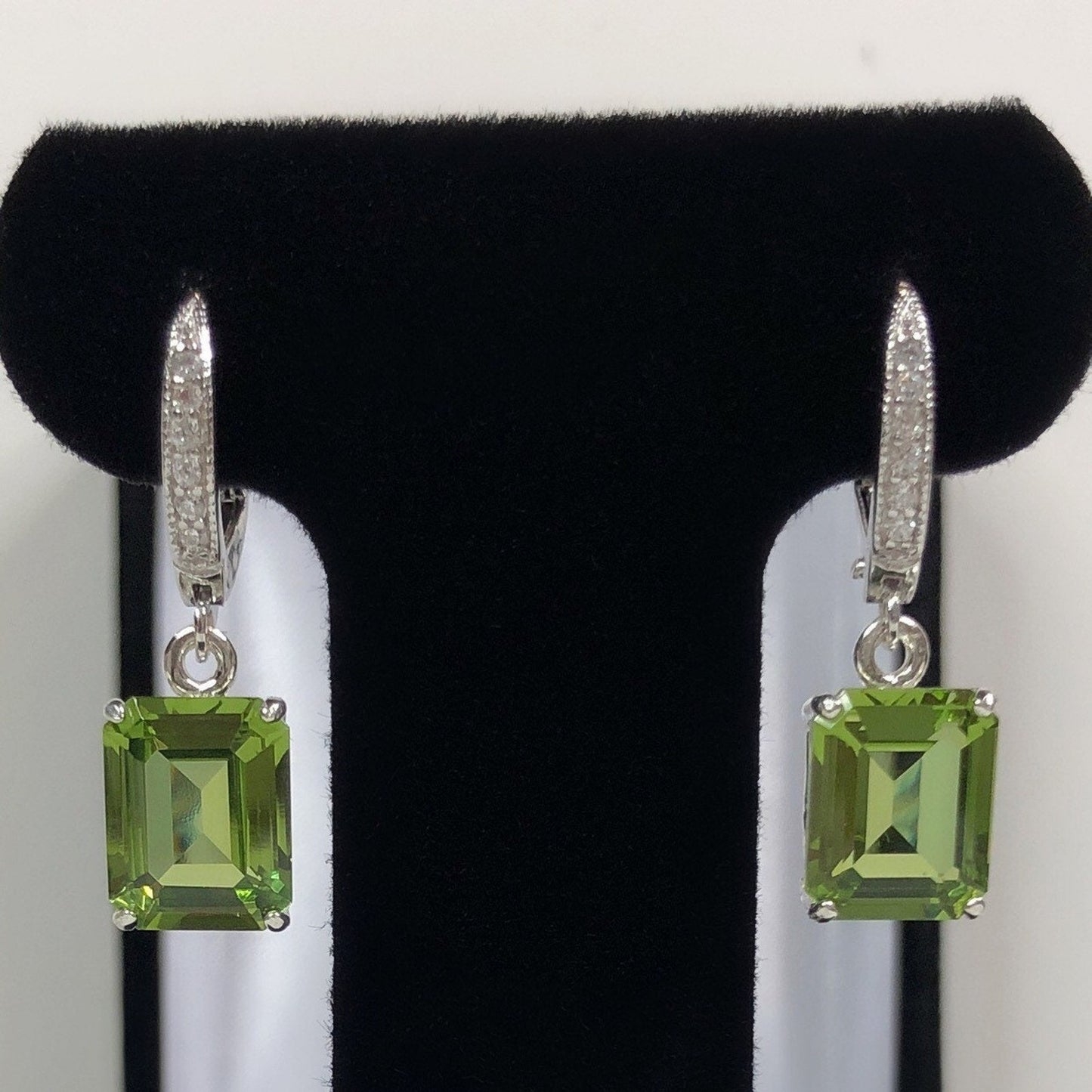 Beautiful 7.3ctw Emerald Cut Peridot Earrings with White Sapphire Accents in Sterling Silver