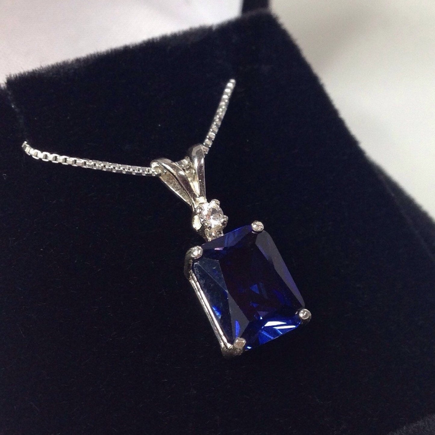 Gorgeous 4ct Emerald Cut Sapphire Pendant Necklace Blue & White Sapphire Accents jewelry trends Gift Bridal September