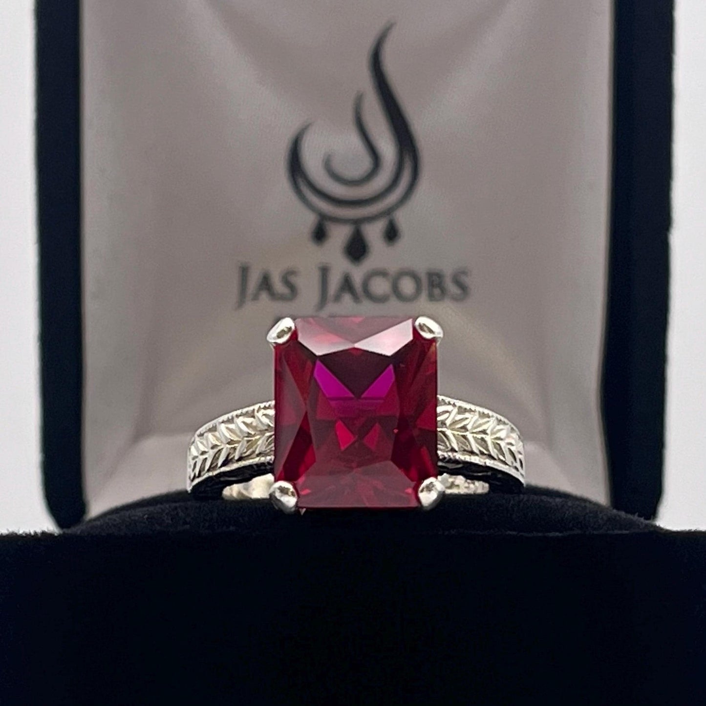 6ctw Emerald Cut Lab Ruby Ring Size 7 Carved Band