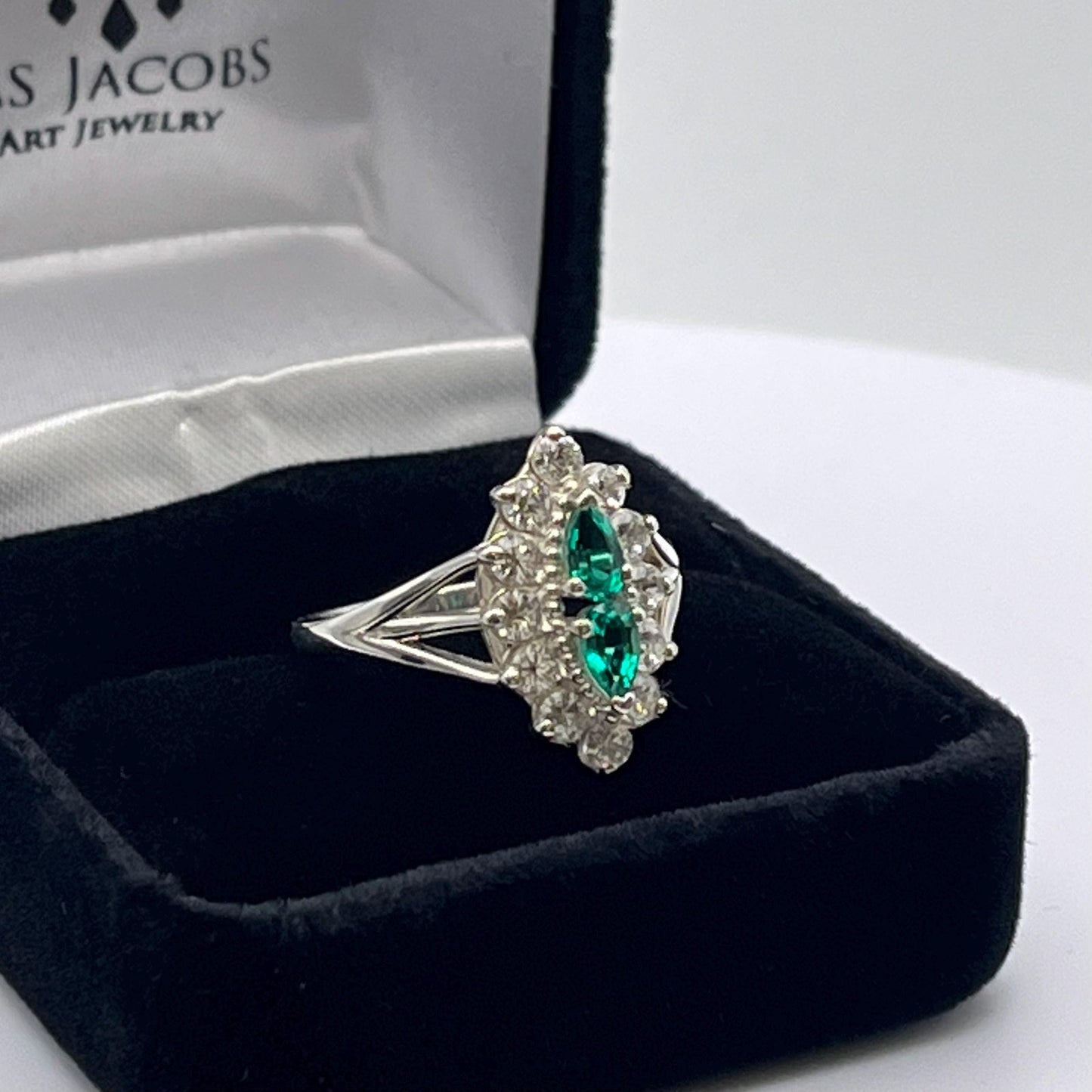 Gorgeous Antique Style 1.4ctw Emerald & White Sapphire Cluster Ring