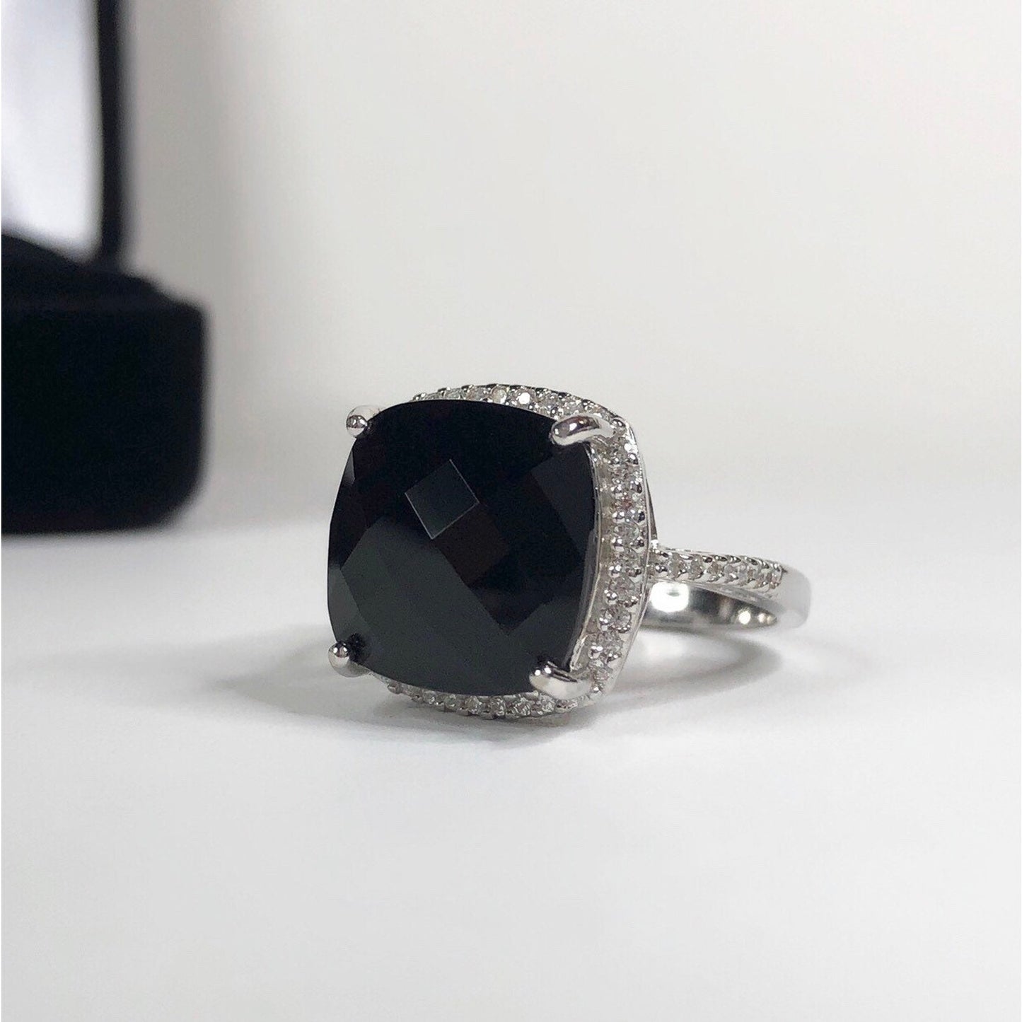 GORGEOUS 12ct Cushion Cut Black Onyx Ring Halo Ring