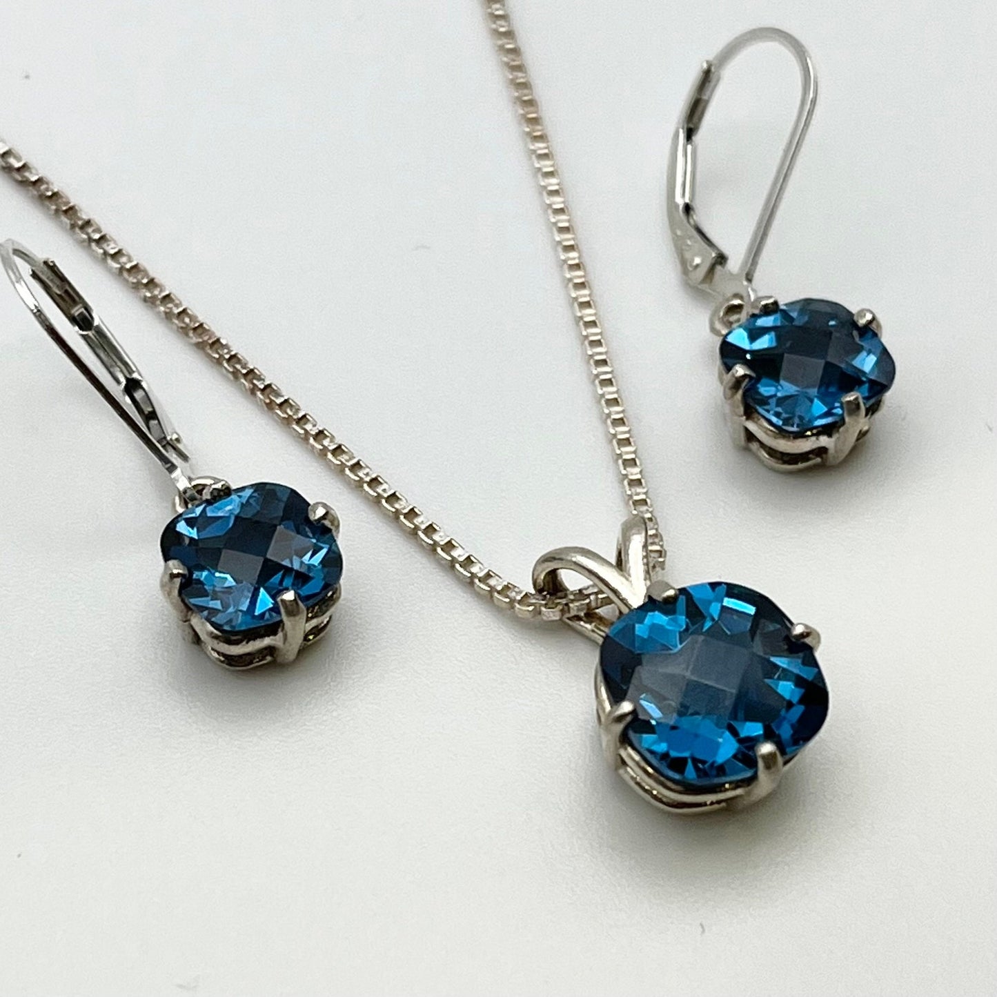 Beautiful 8ctw London Blue Spinel Necklace & Earrings Set Sterling Silver Jewelry Gifts Bridal London Blue Topaz Cushion Cut