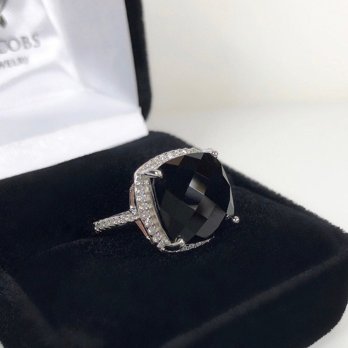 GORGEOUS 12ct Cushion Cut Black Onyx Ring Halo Ring