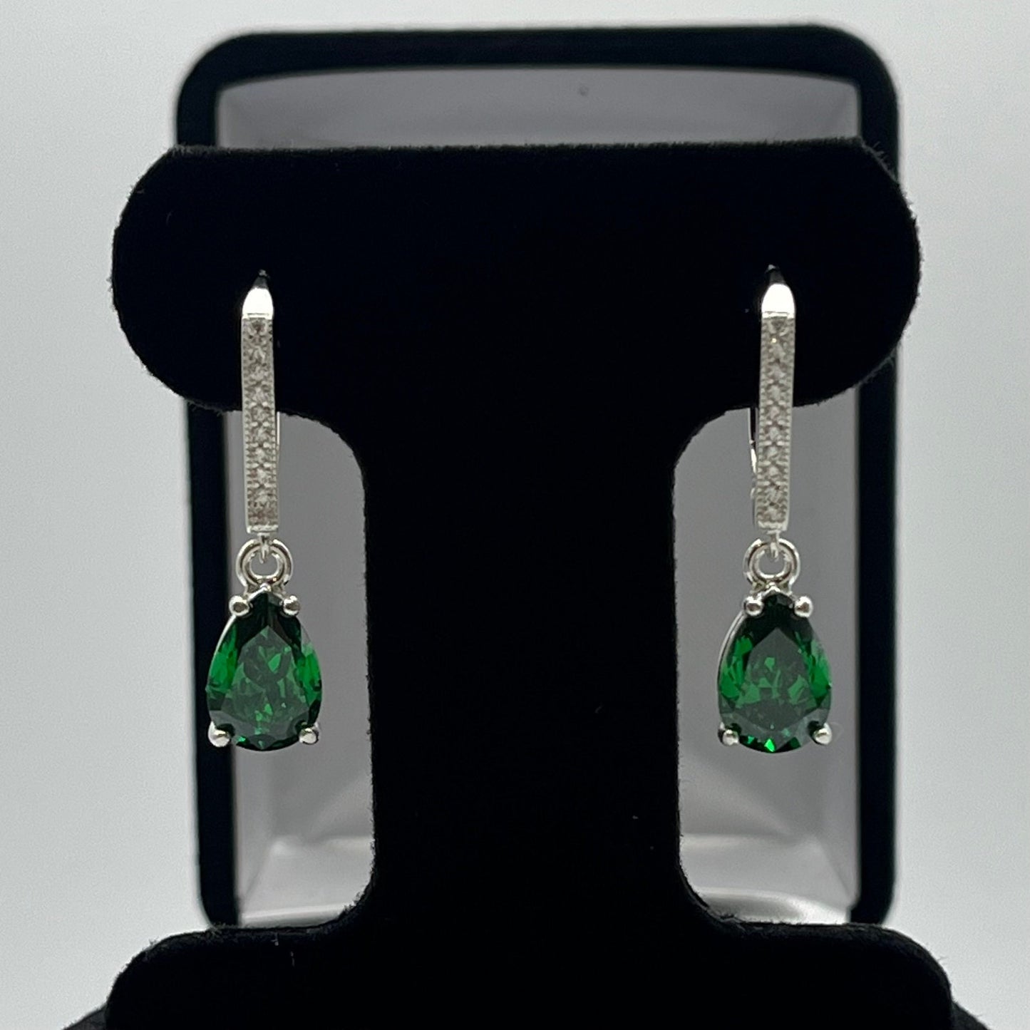 Beautiful 5ctw Pear Cut Emerald Earrings with White Sapphire Accents set in Sterling Silver
