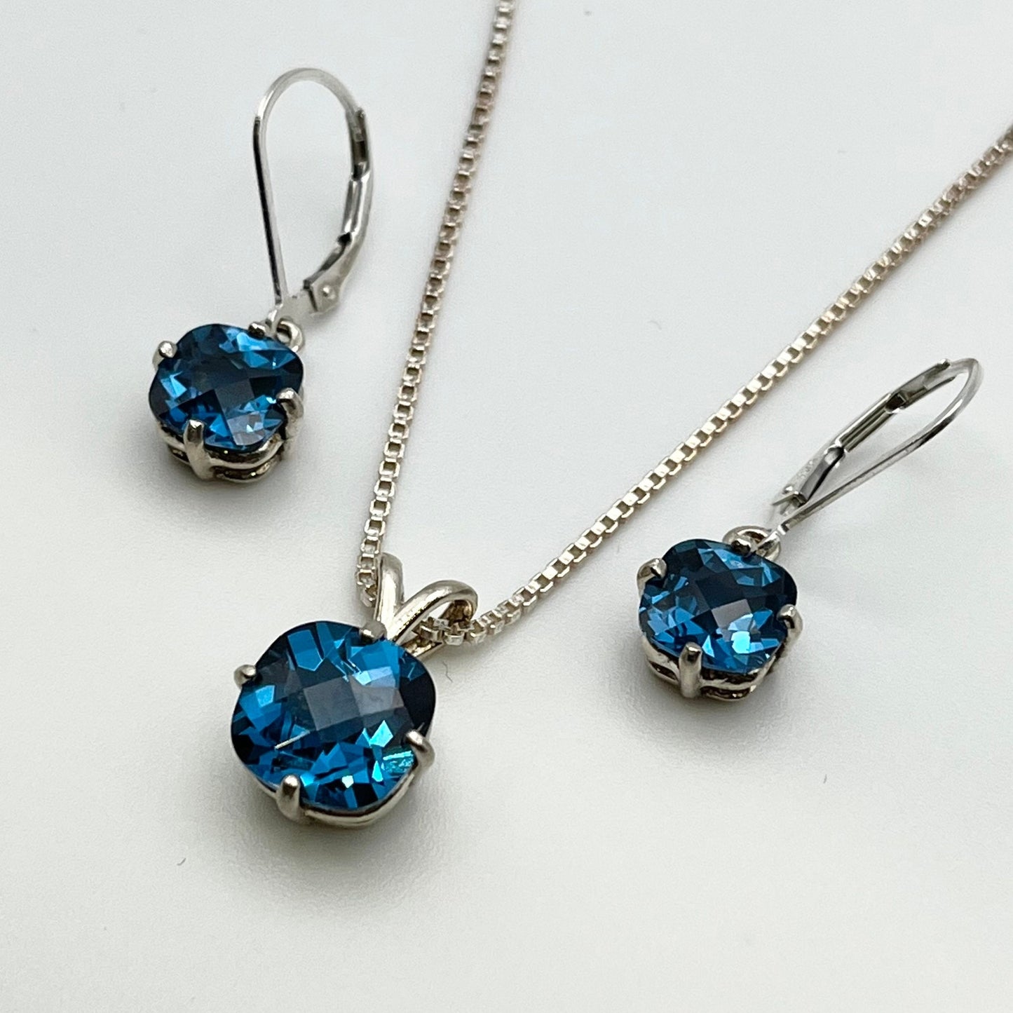 Beautiful 8ctw London Blue Spinel Necklace & Earrings Set Sterling Silver Jewelry Gifts Bridal London Blue Topaz Cushion Cut