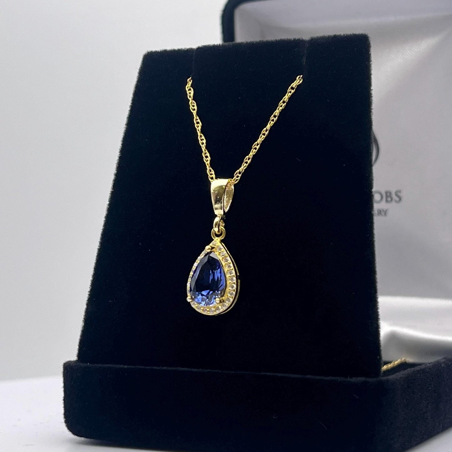 Beautiful 1.5ct Sapphire Necklace Halo Pendant 14k Yellow Gold Vermeil 16” 18” Bridal Jewelry Gift Teardrop