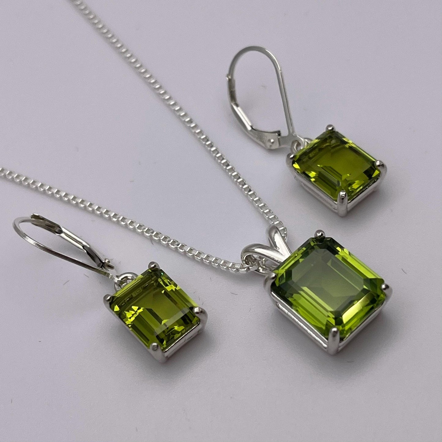Emerald Cut Peridot Necklace & Earrings Set in Sterling Silver August Birthstone