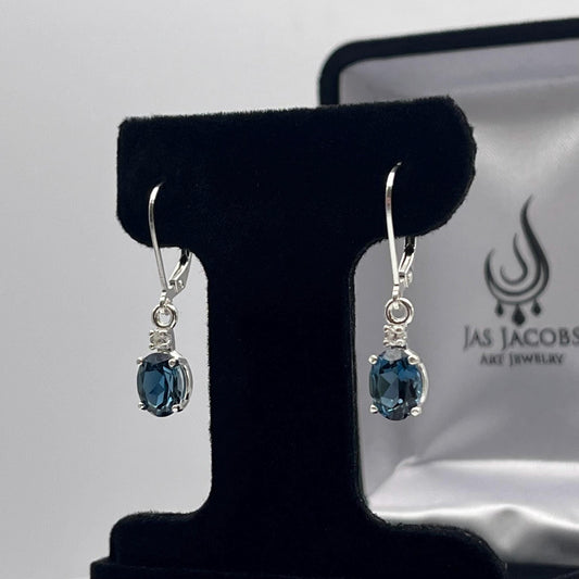Beautiful 3.4ctw London Blue Topaz Earrings White Sapphire Leverback Earrings Trending Jewelry Gift December Birth