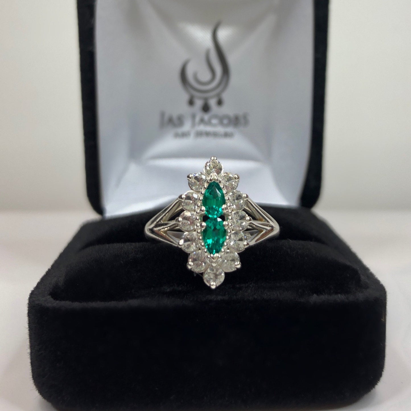Gorgeous Antique Style 1.4ctw Emerald & White Sapphire Cluster Ring