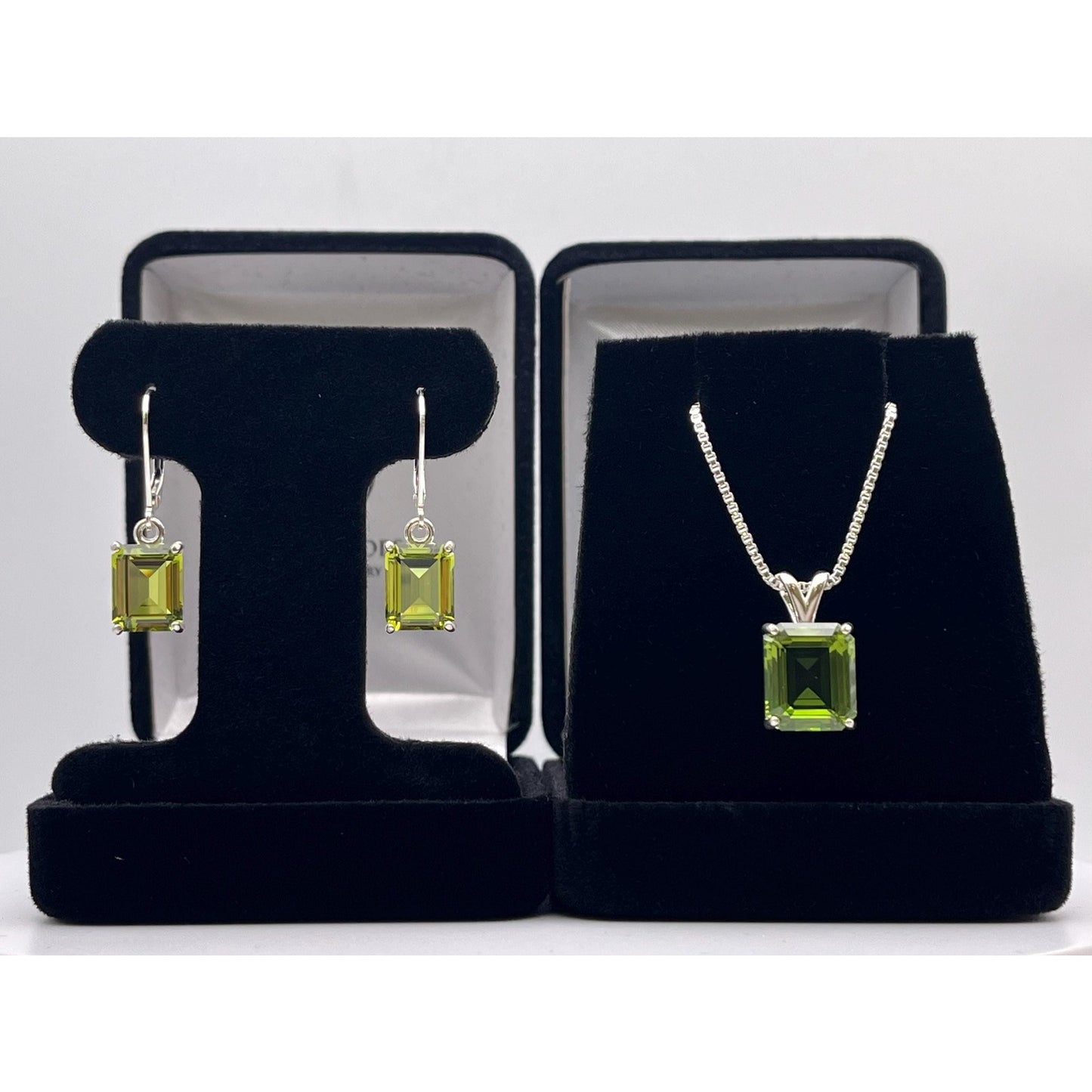 Emerald Cut Peridot Necklace & Earrings Set in Sterling Silver August Birthstone