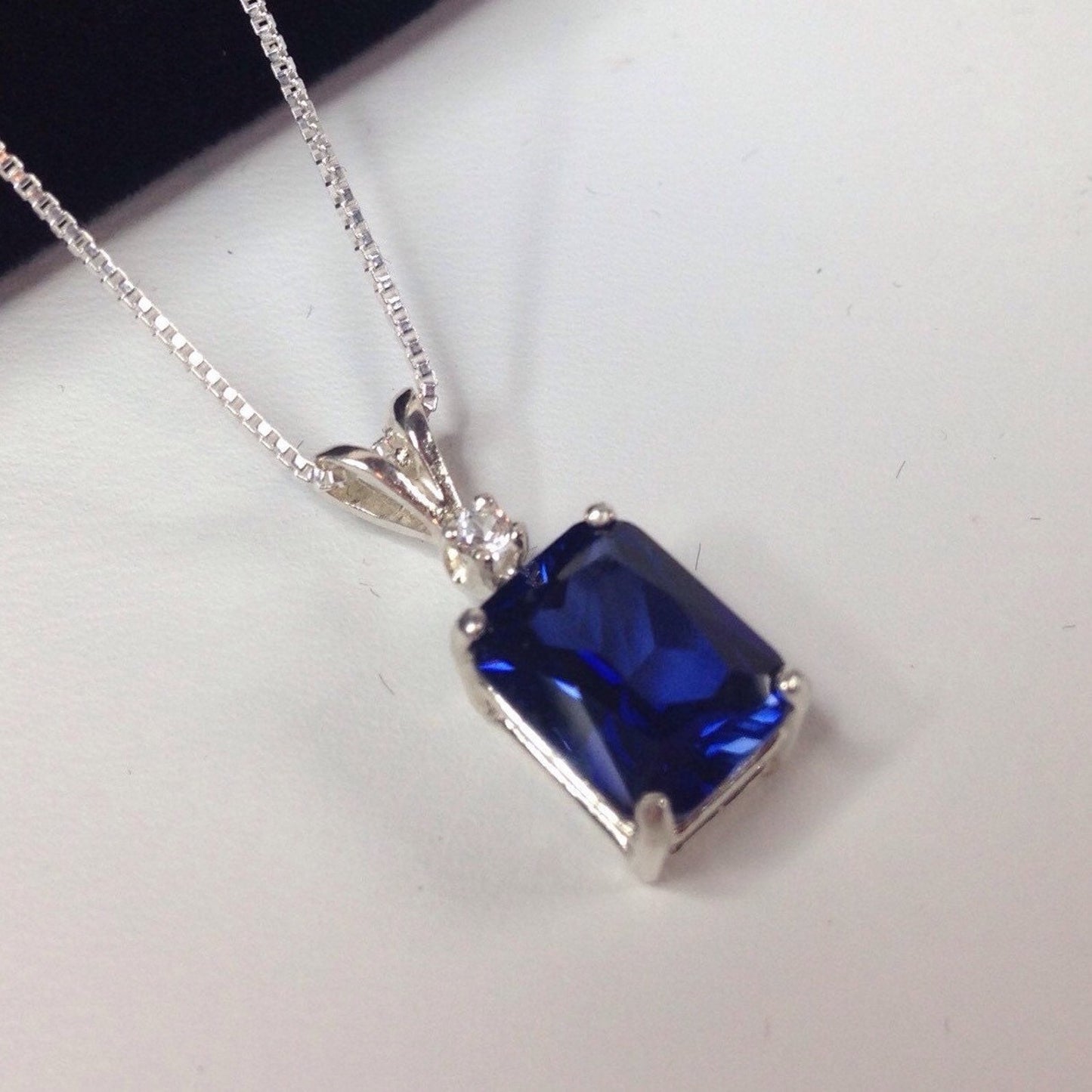 Gorgeous 4ct Emerald Cut Sapphire Pendant Necklace Blue & White Sapphire Accents jewelry trends Gift Bridal September