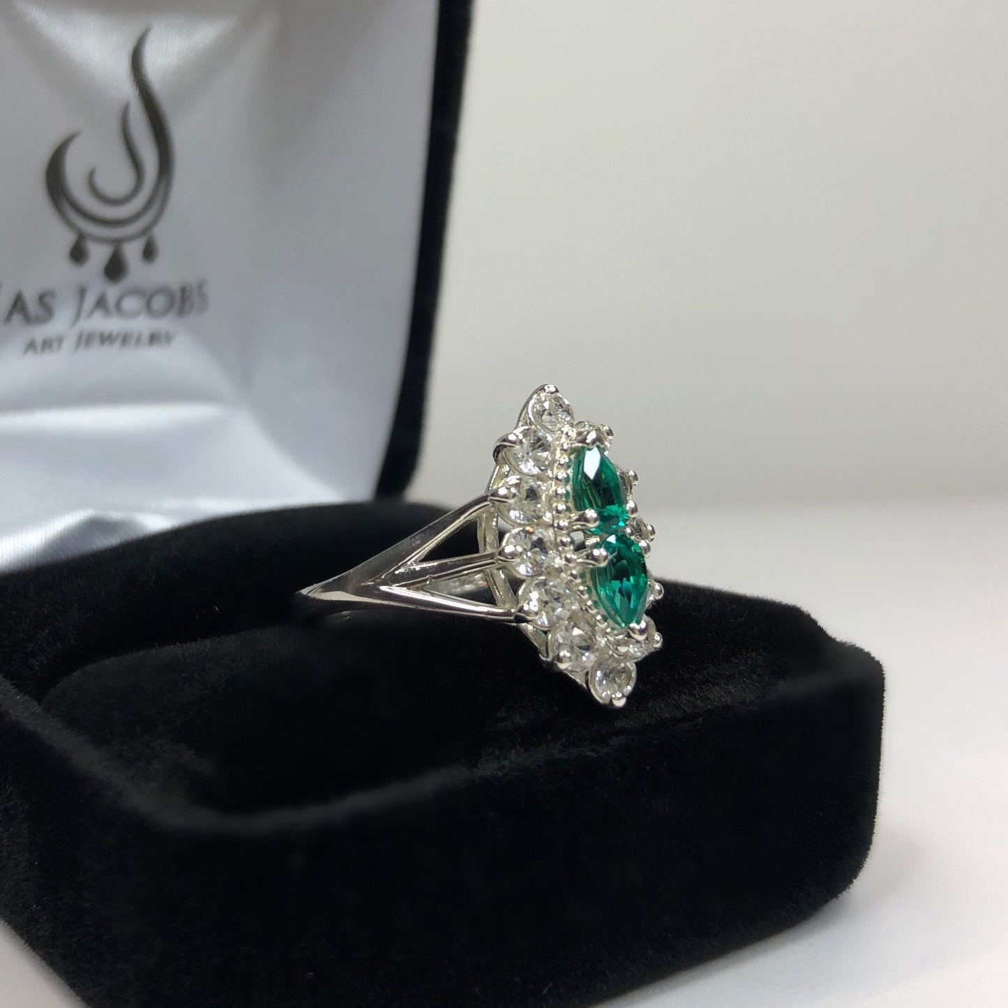 Gorgeous Antique Style 1.4ctw Emerald & White Sapphire Cluster Ring