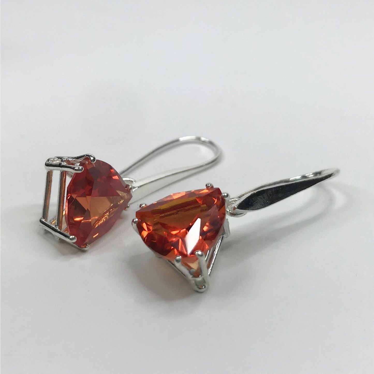 Beautiful 7ctw Trillion Cut Orange Padparadscha Sapphire & Sterling Silver Earrings Fine Jewelry Gift Orange Sapphire Triangle Drop