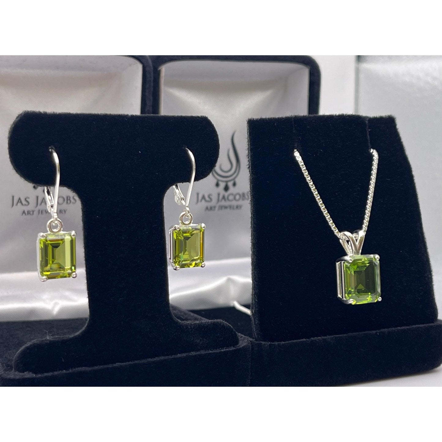 Emerald Cut Peridot Necklace & Earrings Set in Sterling Silver August Birthstone