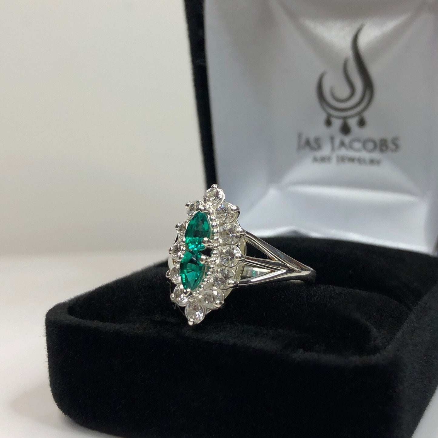 Gorgeous Antique Style 1.4ctw Emerald & White Sapphire Cluster Ring