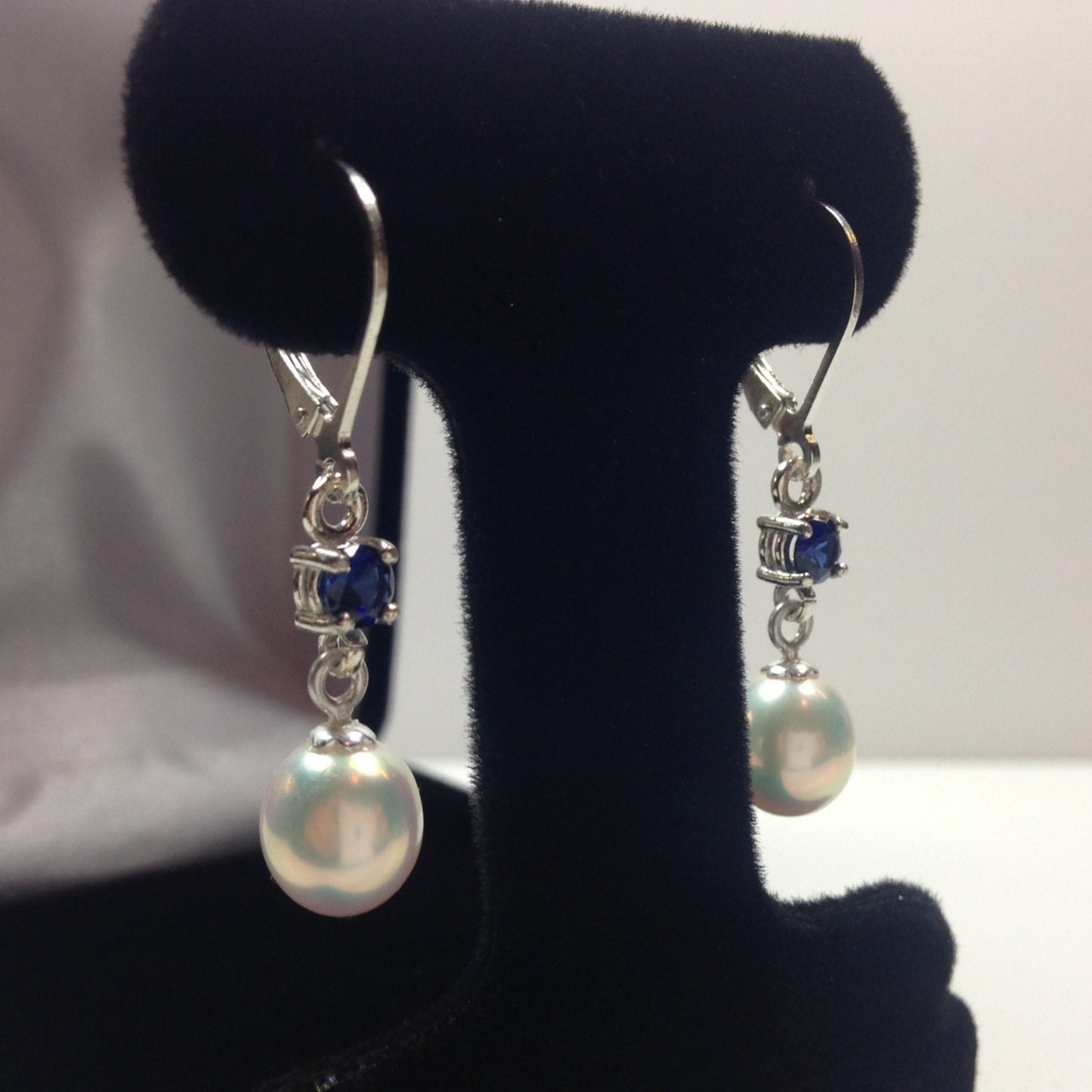 Beautiful Pearl & Sapphire Earrings in Sterling Silver Drop Dangle Pearl Earrings