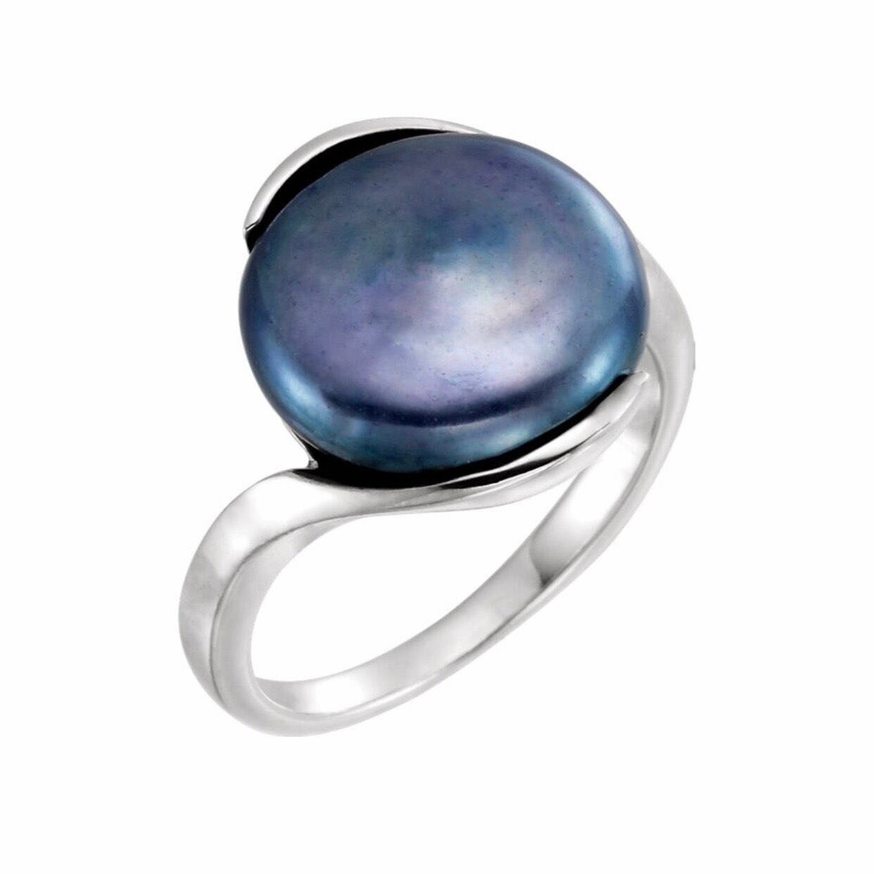 13mm Peacock Black Coin Pearl Ring | Sterling Silver Arabesque Statement Jewelry