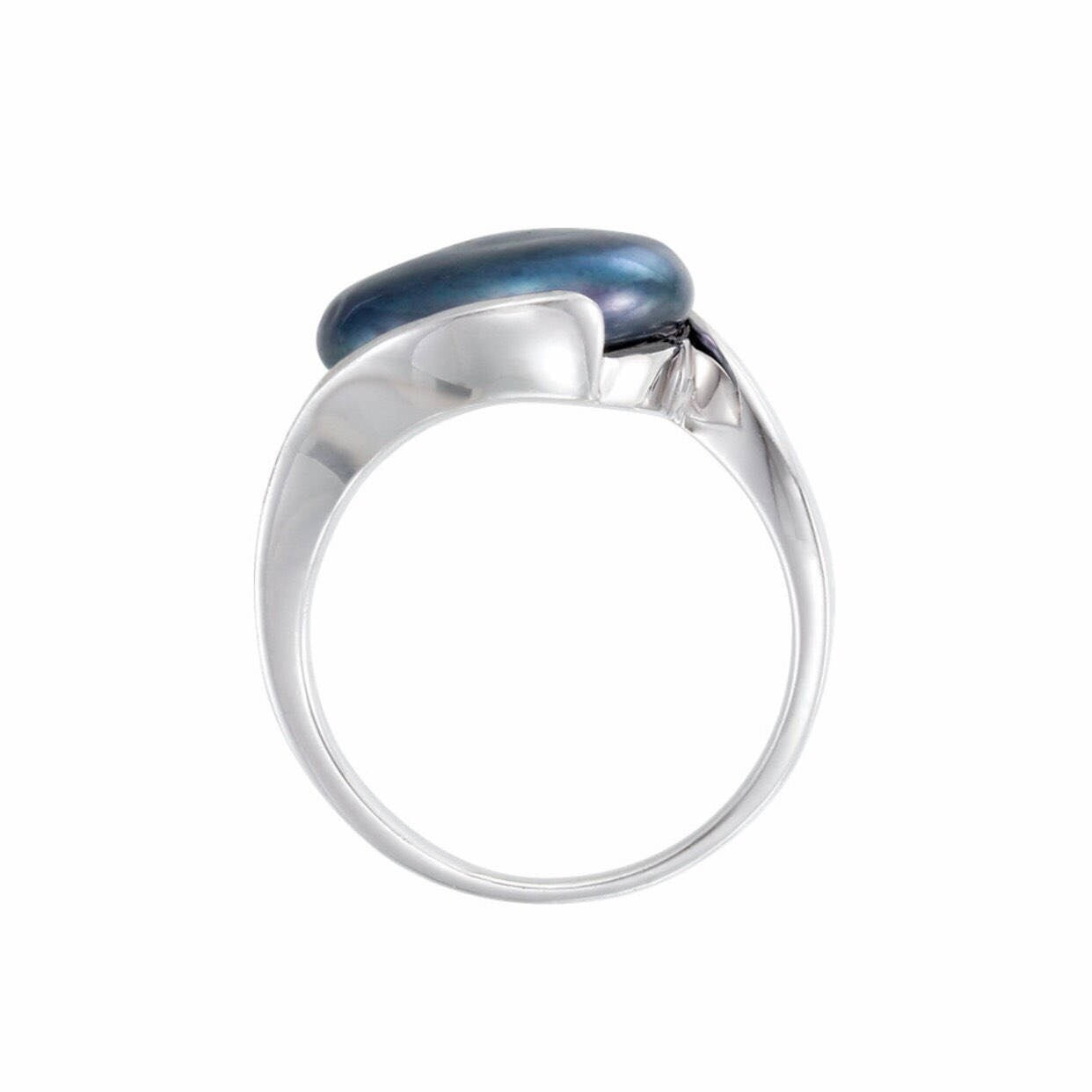 13mm Peacock Black Coin Pearl Ring | Sterling Silver Arabesque Statement Jewelry